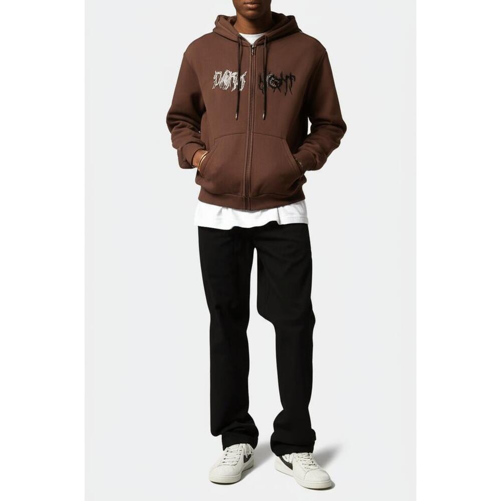 ROMWE Hoodie Mens Size M Dark Brown Full Zip Graphic DARK NIGHT Print Streetwear